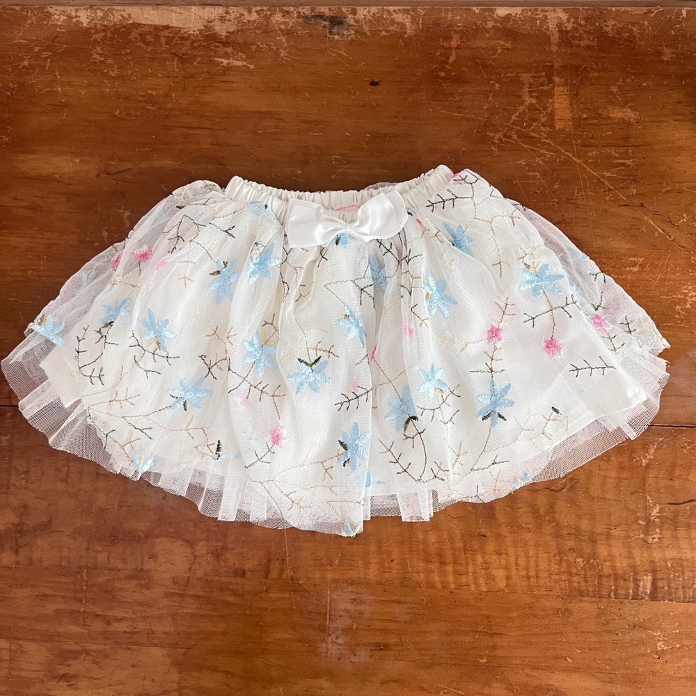 Popatu Tutu Skirt Kids 2T/3T Floral Embroidered Tulle White Blue Bow Balletcore